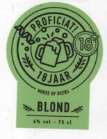 Buitenlandse bieren voor Nederlandse markt (etiket Nederlandse plaatsnaam), Blond proficiat ! 18 jaar